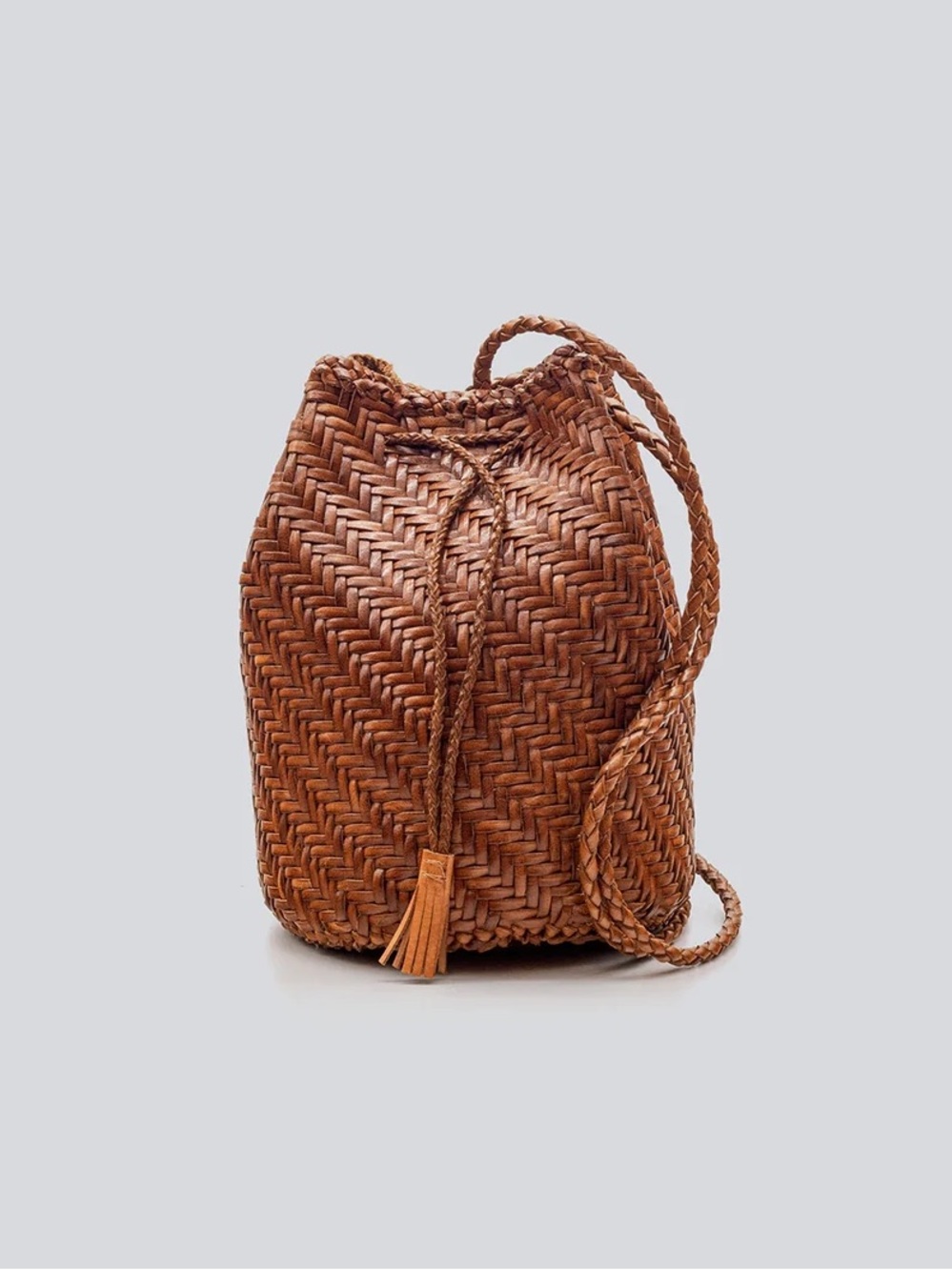 Dragon Diffusion PomPom Double Jump Tassel Woven Leather Bag Purse Tan Brown Tan